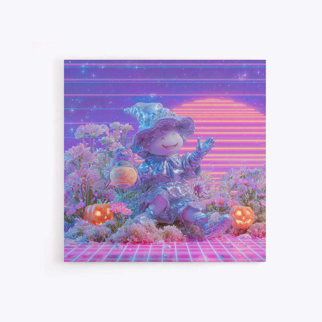 The Moon Garden Witch, Vaporwave Halloween Decor, Square Wall Art, Canvas Print, Retro Halloween Decor, Neon Wall Art, Halloween Wall Art