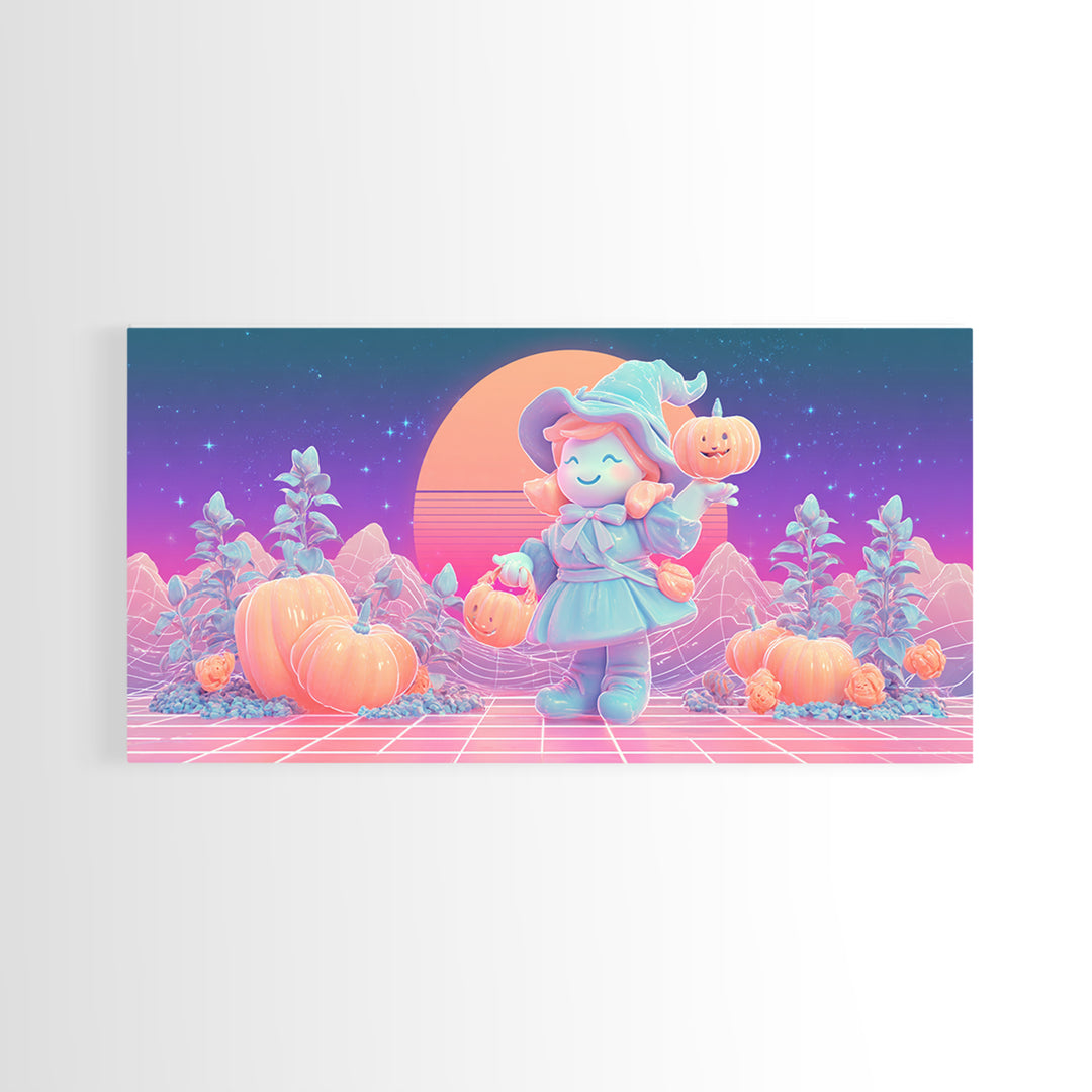 The Moon Garden Witch, Synthwave Halloween Art, Wide Panoramic Art, Framed Canvas Print, Retro Halloween Decor, Neon Wall Art