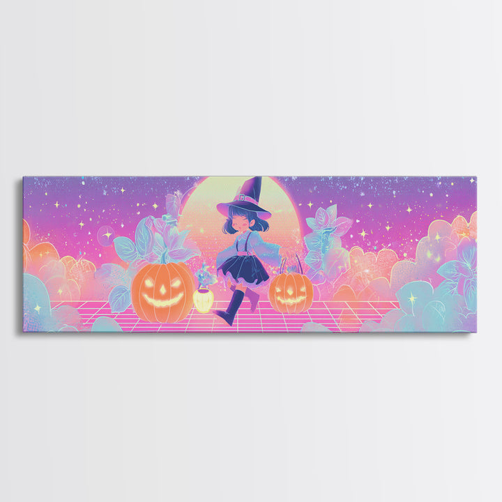 The Moon Garden Witch, 80s Halloween Wall Art, Extra Wide Wall Art, Framed Canvas Print, Retro Halloween Decor, Neon Wall Art