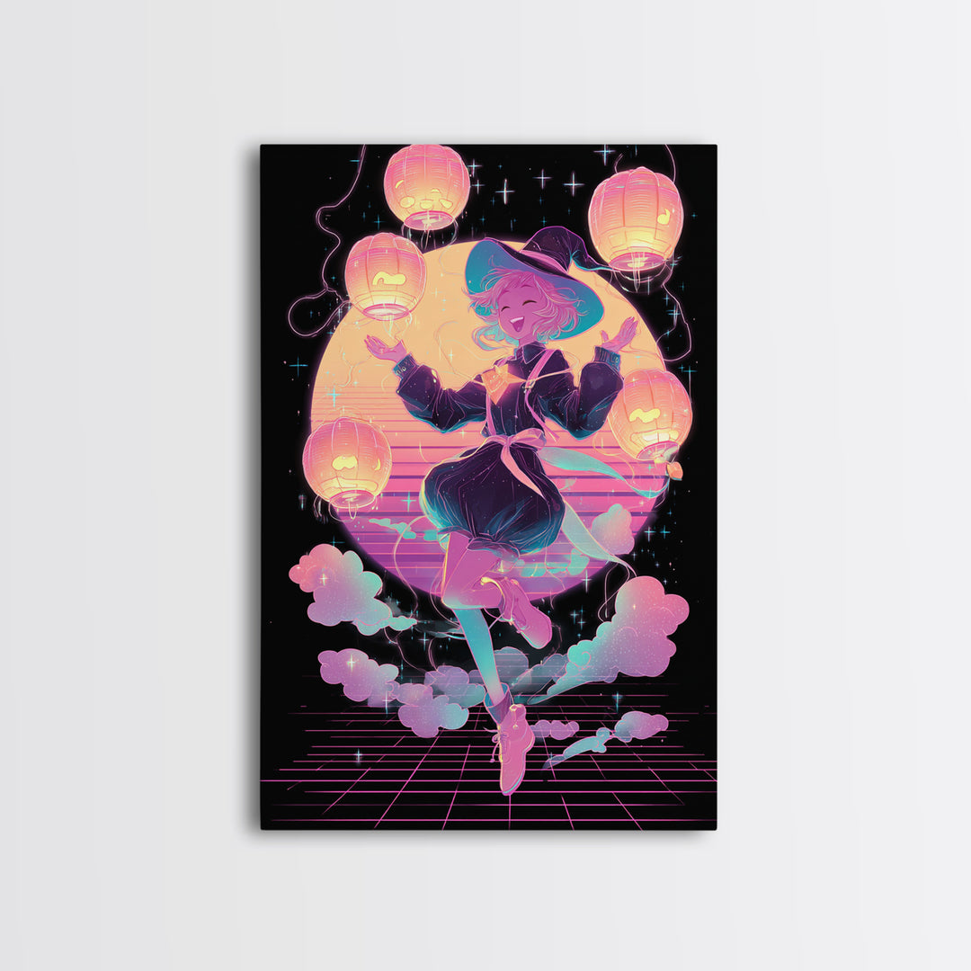 The Lantern-Light Wizard, Cute Spooky Neon Art, Vertical Wall Art, Framed Canvas Print, Retro Halloween Decor, Neon Wall Art
