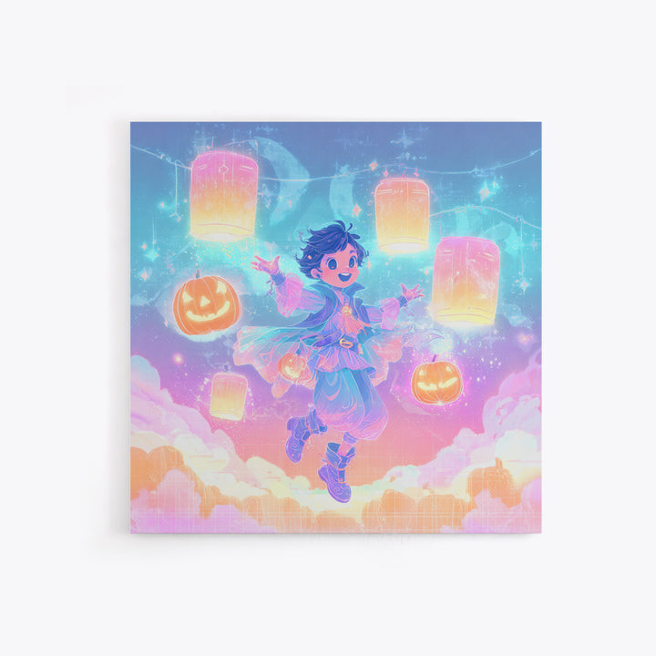 The Lantern-Light Wizard, Synthwave Halloween Art, Square Wall Art, Framed Canvas Print, Retro Halloween Decor, Neon Wall Art