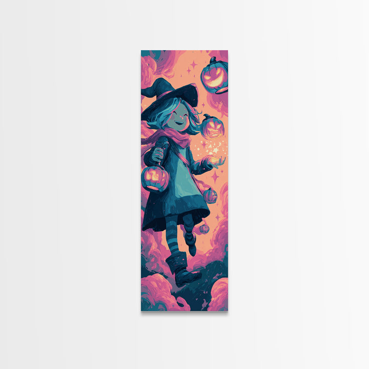 The Lantern-Light Wizard, 80s Halloween Wall Art, Tall Narrow Wall Art, Framed Canvas Print, Retro Halloween Decor, Neon Wall Art