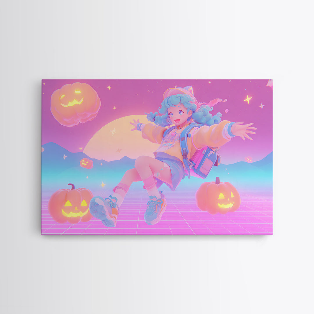 The Candy Map Adventurers, Retro Neon Halloween Art, Landscape Wall Art, Framed Canvas Print, Retro Halloween Decor, Neon Wall Art