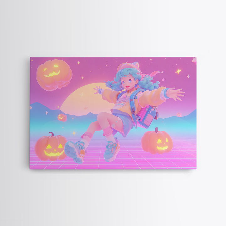 The Candy Map Adventurers, Retro Neon Halloween Art, Landscape Wall Art, Framed Canvas Print, Retro Halloween Decor, Neon Wall Art