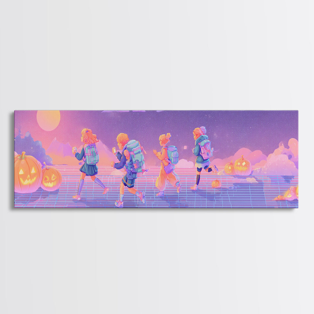 The Candy Map Adventurers, Cute Spooky Neon Art, Extra Wide Wall Art, Canvas Print, Retro Halloween Decor, Neon Wall Art, Gothic Home Decor