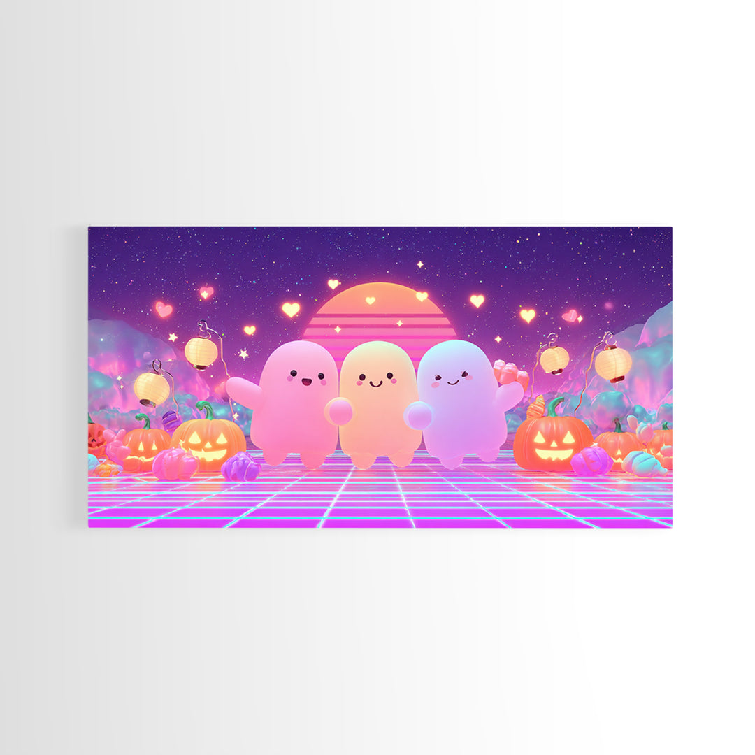 The Halloween Friendship Spell, 80s Halloween Wall Art, Wide Panoramic Art, Canvas Print, Retro Halloween Decor, Neon Wall Art
