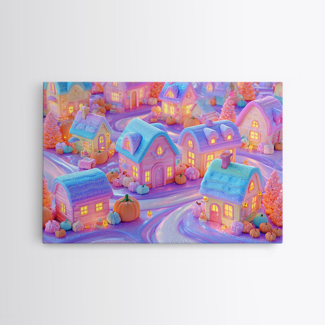 Candy Corn Village, 80s Halloween Wall Art, Landscape Wall Art, Framed Canvas Print, Retro Halloween Decor, Neon Wall Art, Spooky Wall Decor