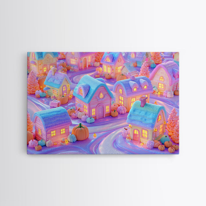 Candy Corn Village, 80s Halloween Wall Art, Landscape Wall Art, Framed Canvas Print, Retro Halloween Decor, Neon Wall Art, Spooky Wall Decor