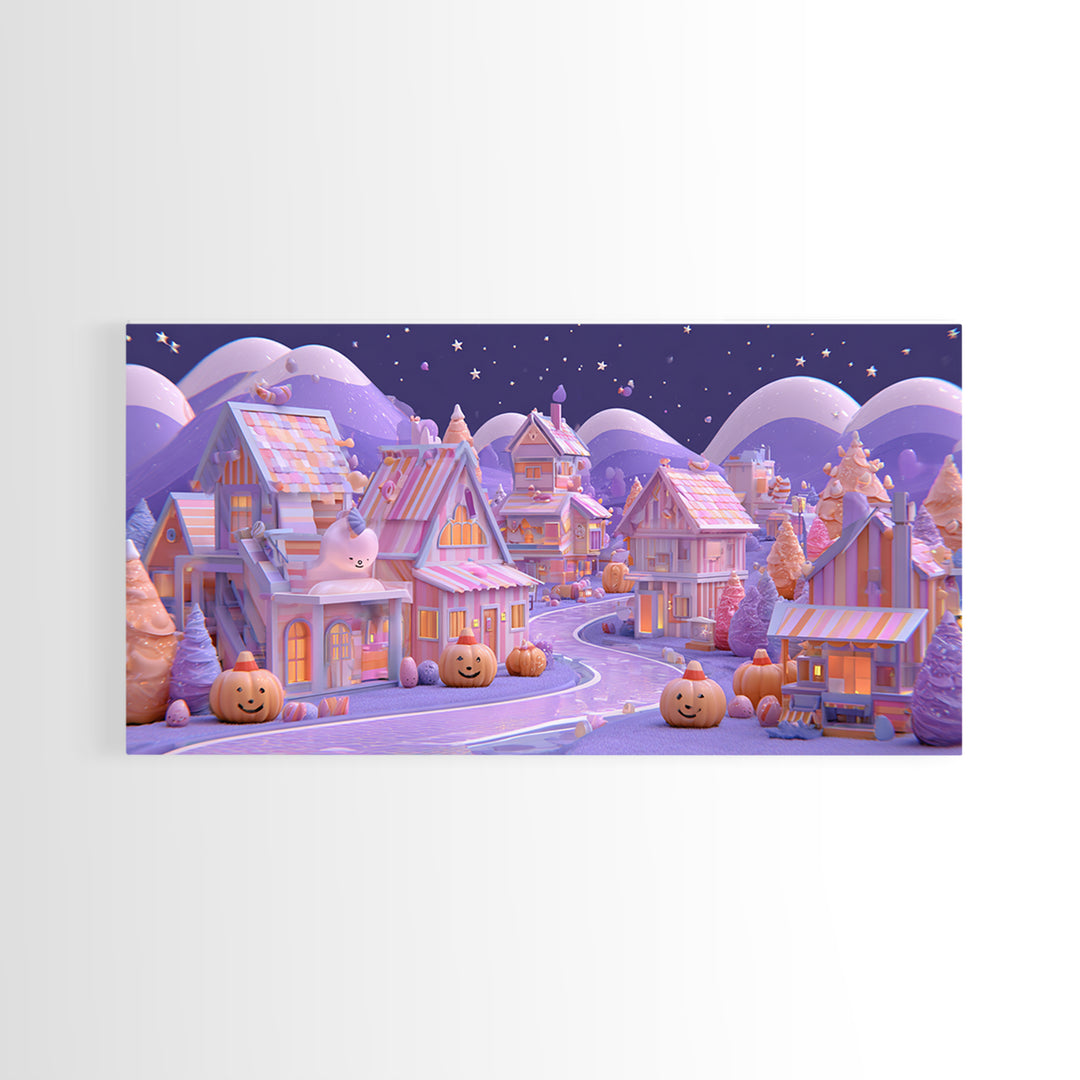 Candy Corn Village, 80s Halloween Wall Art, Wide Panoramic Art, Framed Canvas Print, Retro Halloween Decor, Neon Wall Art