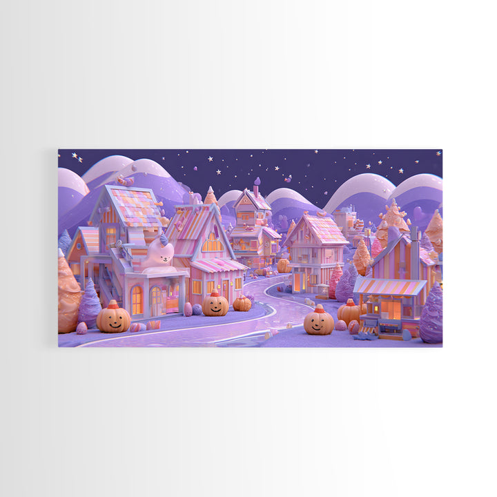 Candy Corn Village, 80s Halloween Wall Art, Wide Panoramic Art, Framed Canvas Print, Retro Halloween Decor, Neon Wall Art