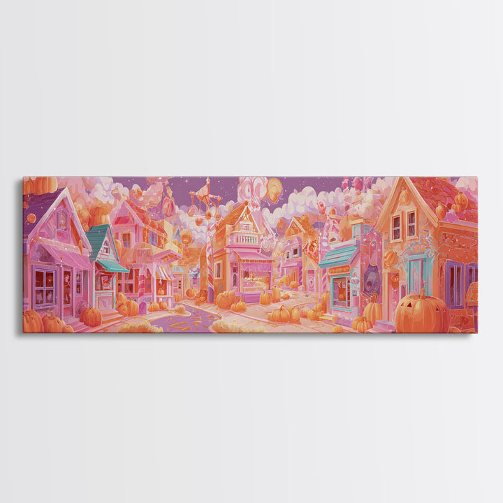 Candy Corn Village, Retro Neon Halloween Art, Extra Wide Wall Art, Canvas Print, Retro Halloween Decor, Neon Wall Art, Statement Wall Art