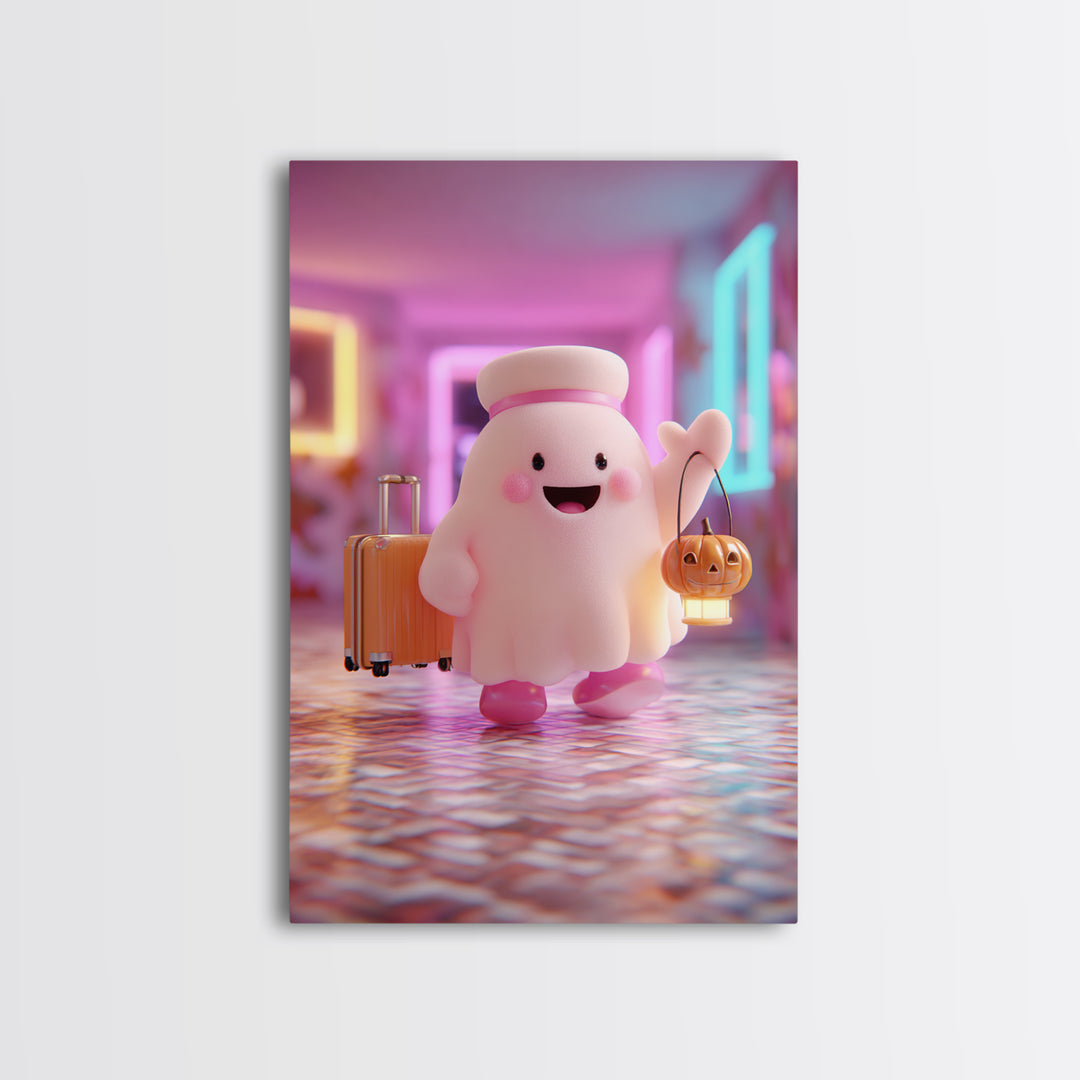 The Friendly Ghost Hotel, Retro Neon Halloween Art, Vertical Wall Art, Canvas Print, Retro Halloween Decor, Neon Wall Art, Horror Wall Art