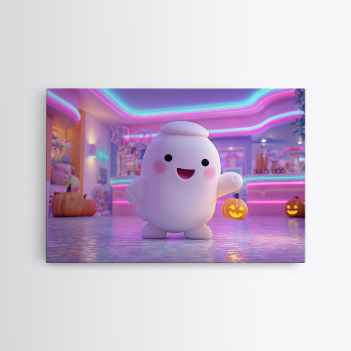 The Friendly Ghost Hotel, Cute Spooky Neon Art, Landscape Wall Art, Canvas Print, Retro Halloween Decor, Neon Wall Art, Macabre Wall Art