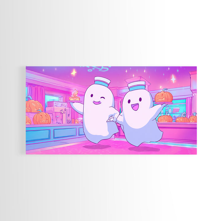 The Friendly Ghost Hotel, Cute Spooky Neon Art, Wide Panoramic Art, Framed Canvas Print, Retro Halloween Decor, Neon Wall Art