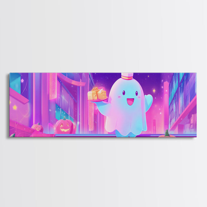 The Friendly Ghost Hotel, Cute Spooky Neon Art, Extra Wide Wall Art, Canvas Print, Retro Halloween Decor, Neon Wall Art, Dark Fantasy Art