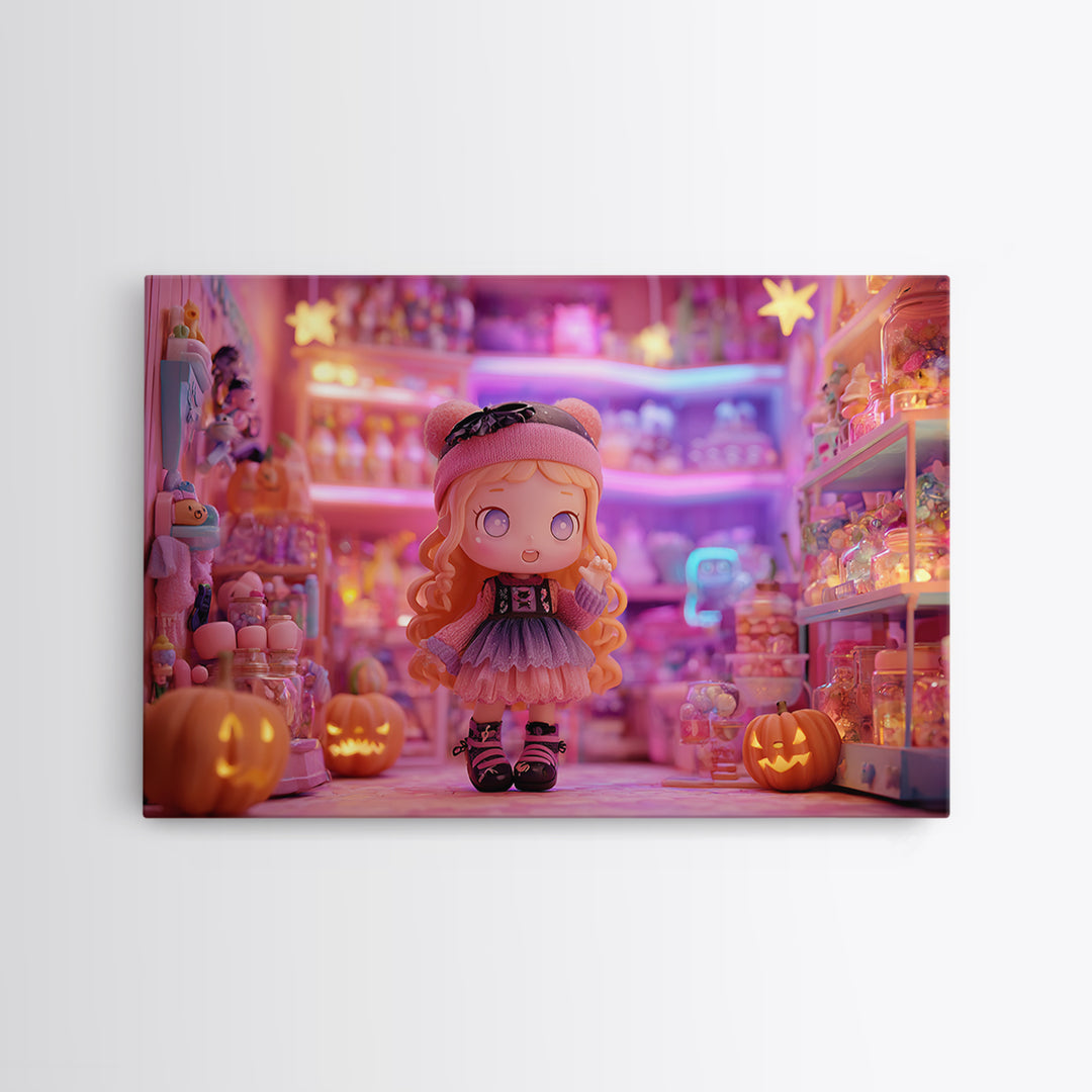 The Moonlight Toy Shop, 80s Halloween Wall Art, Landscape Wall Art, Canvas Print, Retro Halloween Decor, Neon Wall Art, Macabre Wall Art