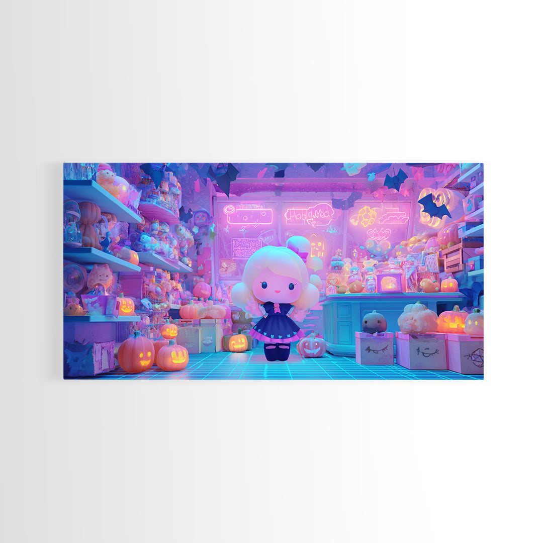 The Moonlight Toy Shop, Vaporwave Halloween Decor, Wide Panoramic Art, Canvas Print, Retro Halloween Decor, Neon Wall Art