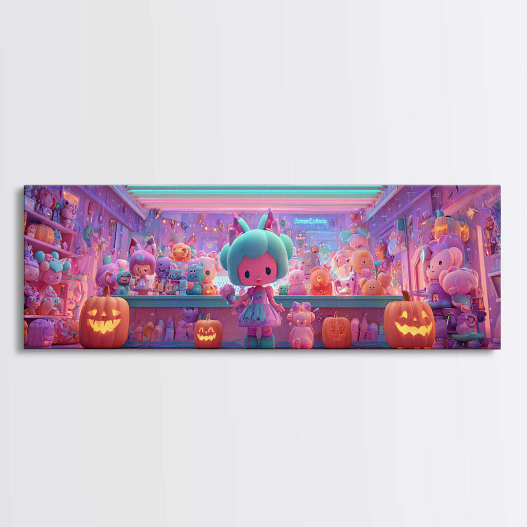 The Moonlight Toy Shop, Cute Spooky Neon Art, Extra Wide Wall Art, Canvas Print, Retro Halloween Decor, Neon Wall Art, Statement Wall Art