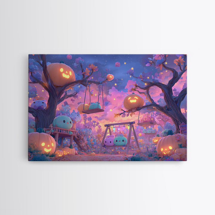 The Pumpkin Patch Playground, Synthwave Halloween Art, Landscape Wall Art, Canvas Print, Retro Halloween Decor, Neon Wall Art