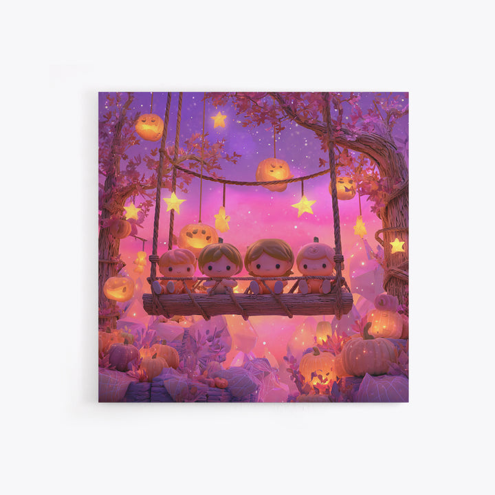 The Pumpkin Patch Playground, Retro Neon Halloween Art, Square Wall Art, Canvas Print, Retro Halloween Decor, Neon Wall Art