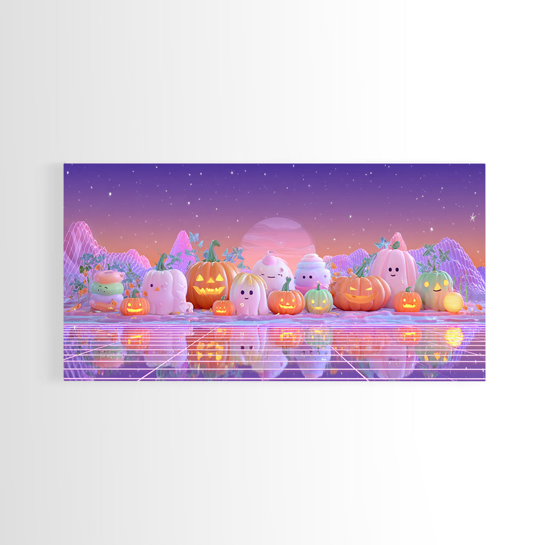 The Pumpkin Patch Playground, Vaporwave Halloween Decor, Wide Panoramic Art, Framed Canvas Print, Retro Halloween Decor, Neon Wall Art