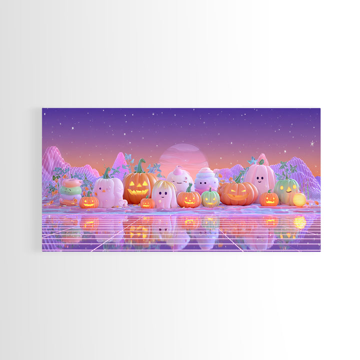 The Pumpkin Patch Playground, Vaporwave Halloween Decor, Wide Panoramic Art, Framed Canvas Print, Retro Halloween Decor, Neon Wall Art