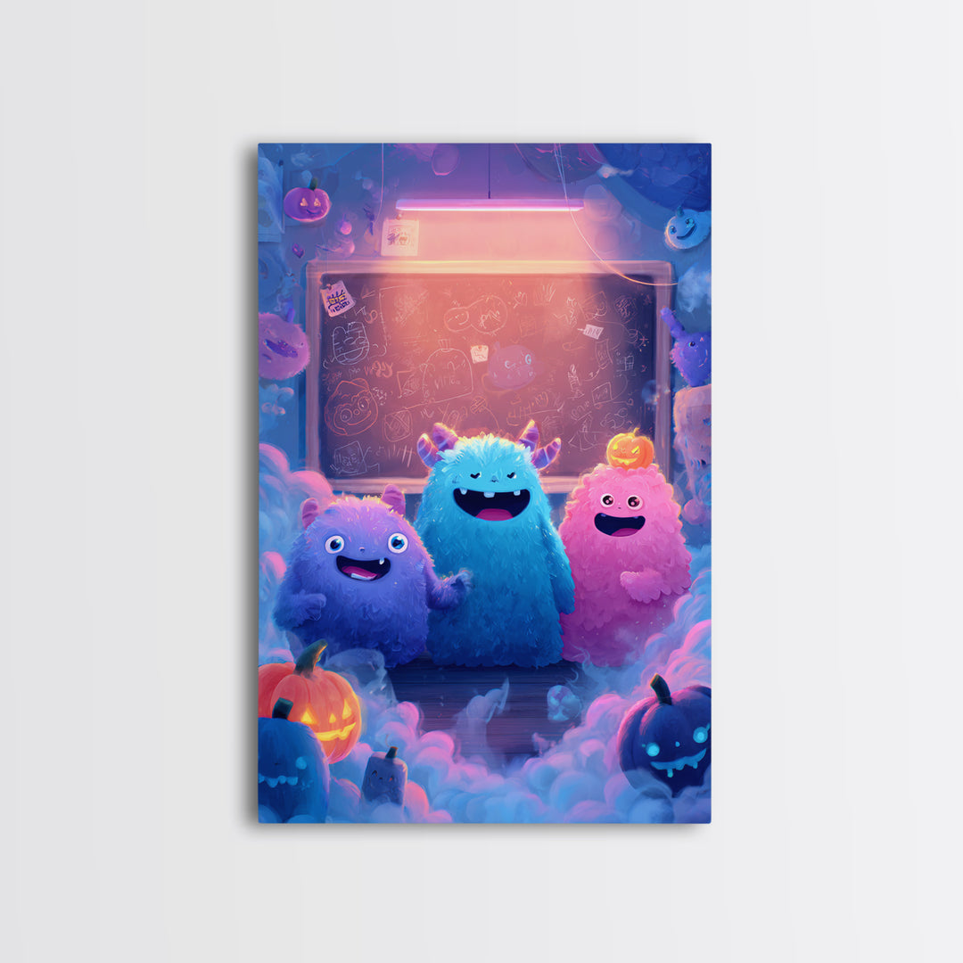 The Little Monster School, 80s Halloween Wall Art, Vertical Wall Art, Canvas Print, Retro Halloween Decor, Neon Wall Art, Spooky Wall Decor
