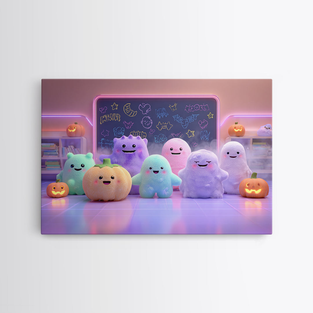 The Little Monster School, Cute Spooky Neon Art, Landscape Wall Art, Framed Canvas Print, Retro Halloween Decor, Neon Wall Art