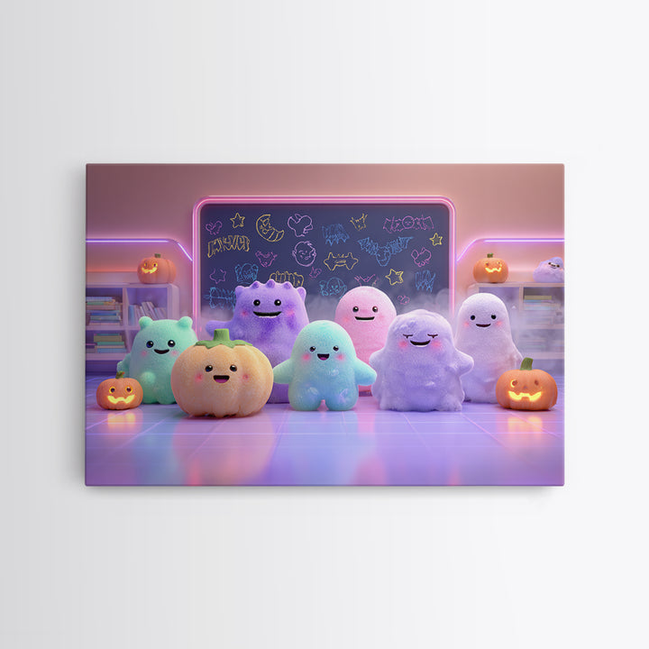The Little Monster School, Cute Spooky Neon Art, Landscape Wall Art, Framed Canvas Print, Retro Halloween Decor, Neon Wall Art