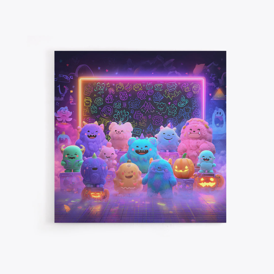 The Little Monster School, Synthwave Halloween Art, Square Wall Art, Canvas Print, Retro Halloween Decor, Neon Wall Art, Seasonal Home Decor
