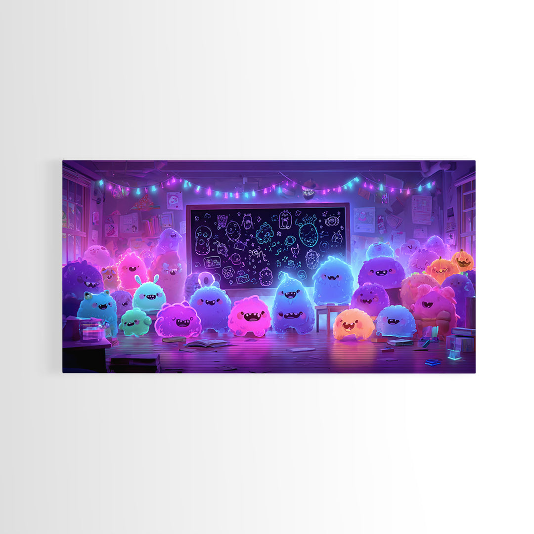 The Little Monster School, Vaporwave Halloween Decor, Wide Panoramic Art, Canvas Print, Retro Halloween Decor, Neon Wall Art