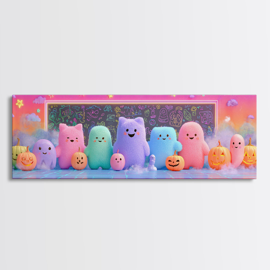 The Little Monster School, Retro Neon Halloween Art, Extra Wide Wall Art, Canvas Print, Retro Halloween Decor, Neon Wall Art