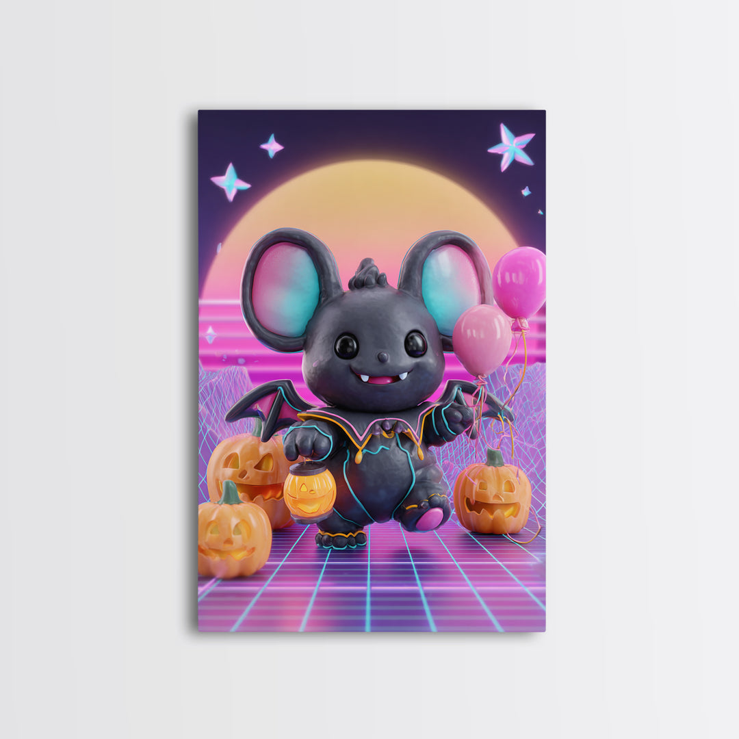 The Bat Balloon Factory, Cute Spooky Neon Art, Vertical Wall Art, Canvas Print, Retro Halloween Decor, Neon Wall Art, Collectible Wall Decor