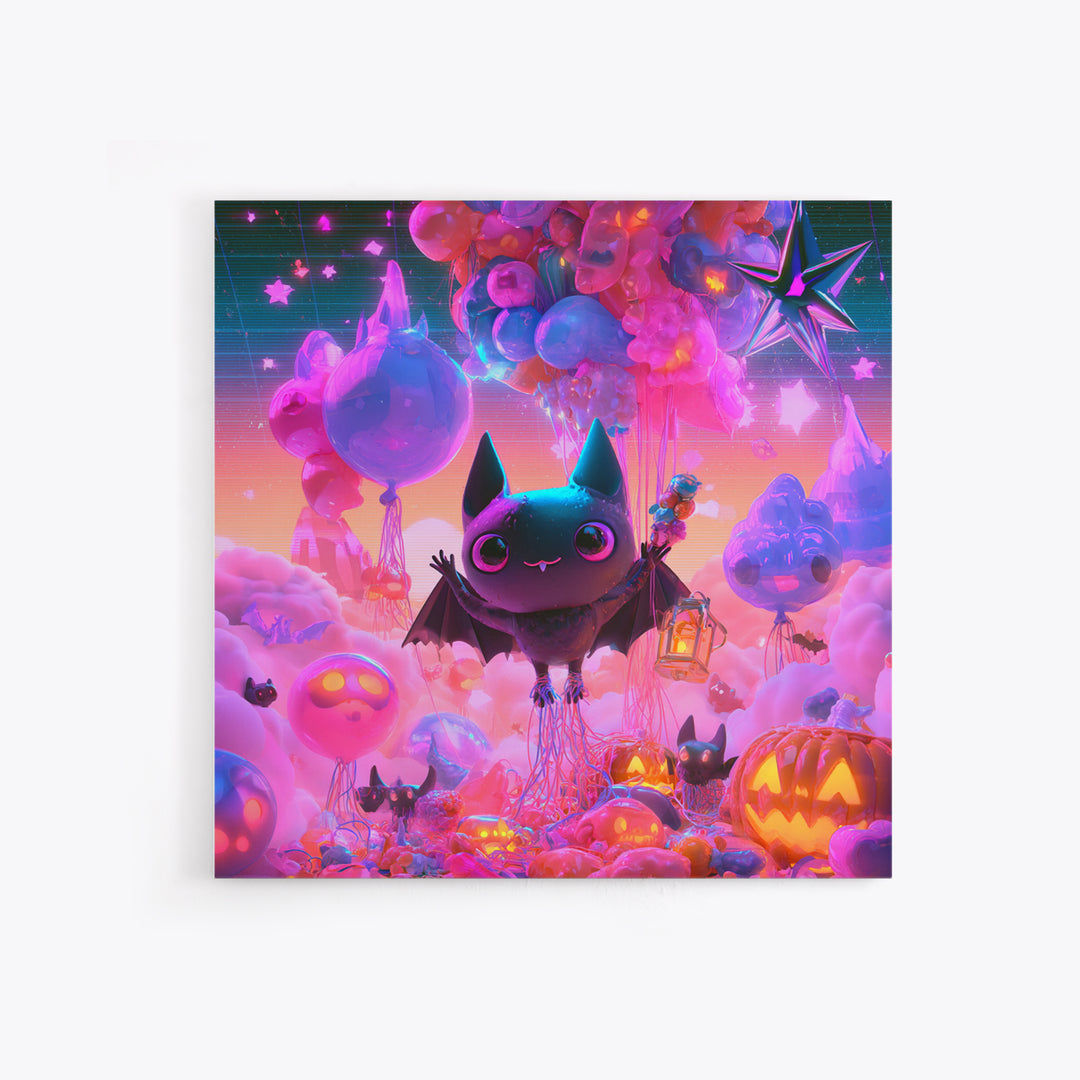 The Bat Balloon Factory, Synthwave Halloween Art, Square Wall Art, Canvas Print, Retro Halloween Decor, Neon Wall Art, Macabre Wall Art