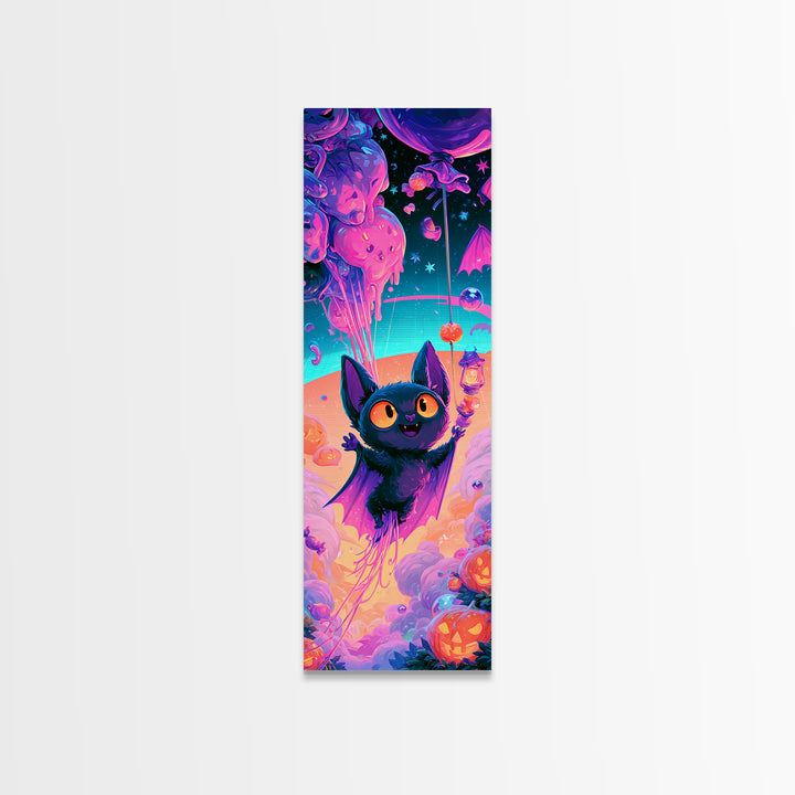 The Bat Balloon Factory, Cute Spooky Neon Art, Tall Narrow Wall Art, Canvas Print, Retro Halloween Decor, Neon Wall Art, Macabre Wall Art