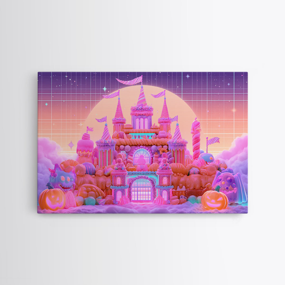 The Candy Castle, Retro Neon Halloween Art, Landscape Wall Art, Framed Canvas Print, Retro Halloween Decor, Neon Wall Art
