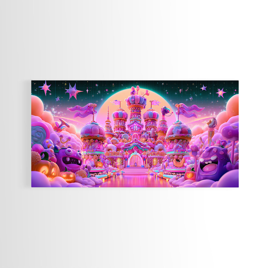 The Candy Castle, Vaporwave Halloween Decor, Wide Panoramic Art, Canvas Print, Retro Halloween Decor, Neon Wall Art, Horror Wall Art