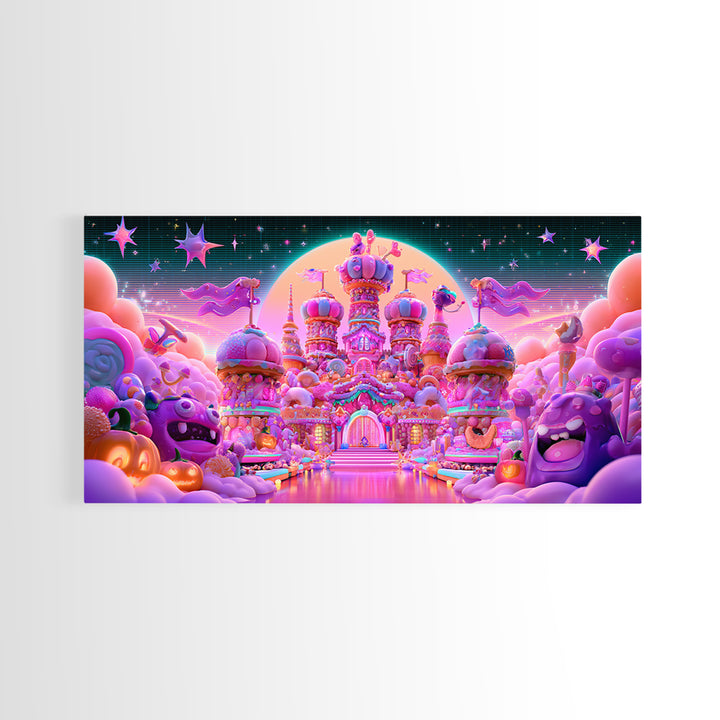 The Candy Castle, Vaporwave Halloween Decor, Wide Panoramic Art, Canvas Print, Retro Halloween Decor, Neon Wall Art, Horror Wall Art