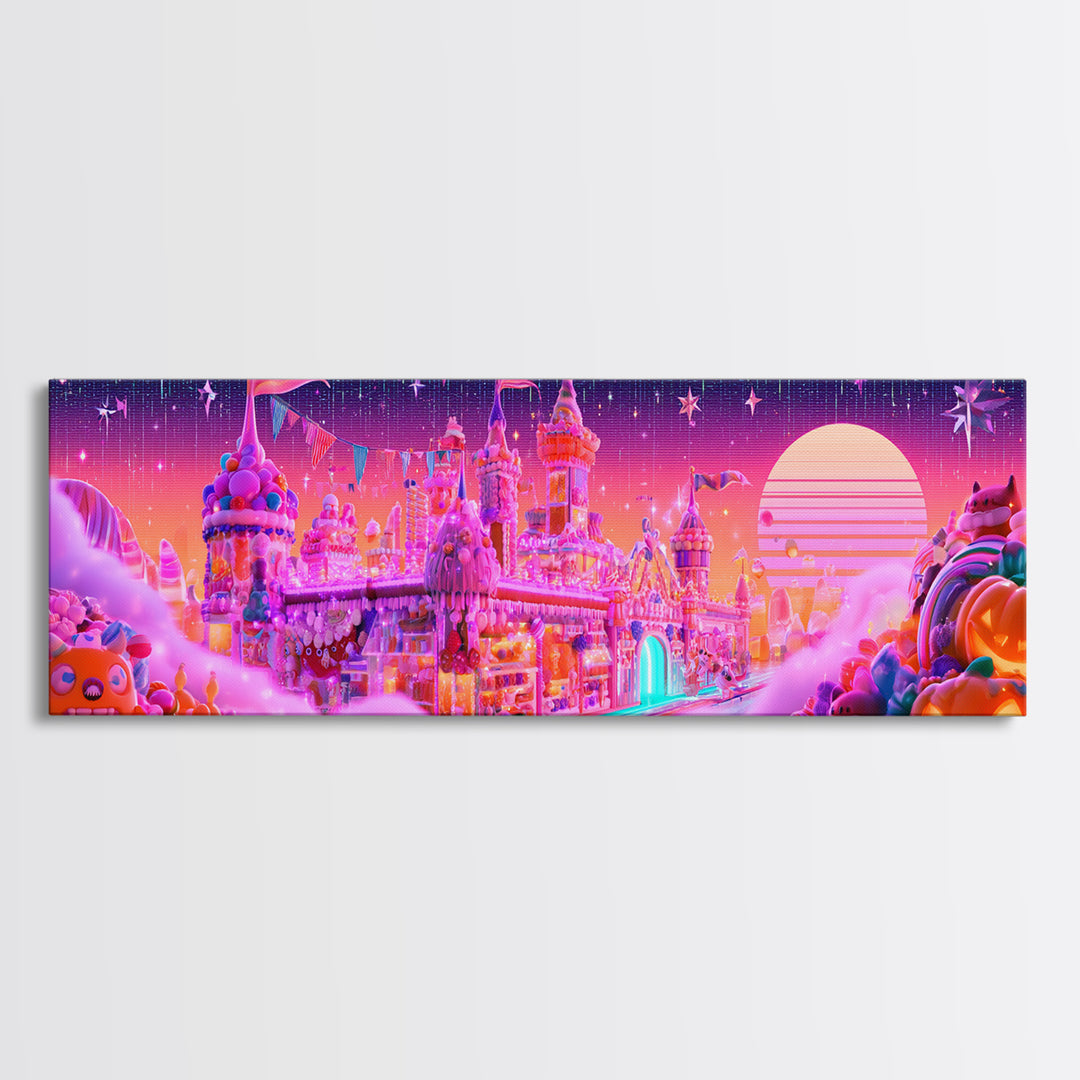 The Candy Castle, Vaporwave Halloween Decor, Extra Wide Wall Art, Canvas Print, Retro Halloween Decor, Neon Wall Art, Spooky Wall Decor