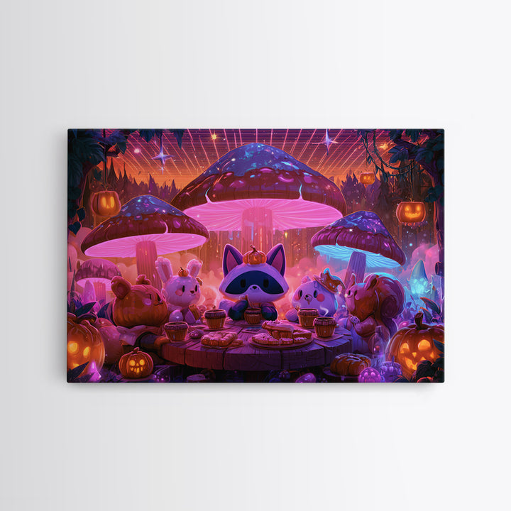 The Friendly Forest Cafe, Synthwave Halloween Art, Landscape Wall Art, Framed Canvas Print, Retro Halloween Decor, Neon Wall Art
