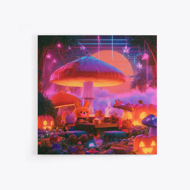 The Friendly Forest Cafe, Synthwave Halloween Art, Square Wall Art, Canvas Print, Retro Halloween Decor, Neon Wall Art, Dark Fantasy Art