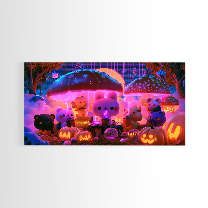 The Friendly Forest Cafe, Retro Neon Halloween Art, Wide Panoramic Art, Framed Canvas Print, Retro Halloween Decor, Neon Wall Art