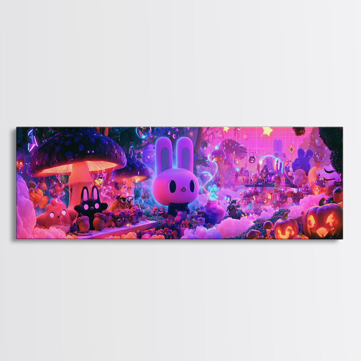 The Friendly Forest Cafe, Cute Spooky Neon Art, Extra Wide Wall Art, Canvas Print, Retro Halloween Decor, Neon Wall Art, Dark Fantasy Art