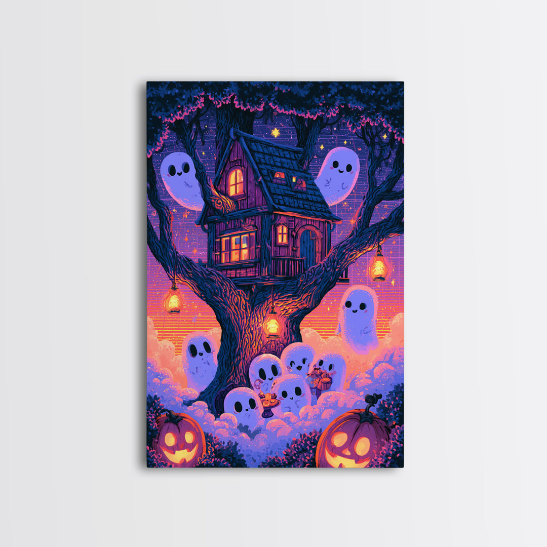 The Ghostly Treehouse, Vaporwave Halloween Decor, Vertical Wall Art, Canvas Print, Retro Halloween Decor, Neon Wall Art, Statement Wall Art