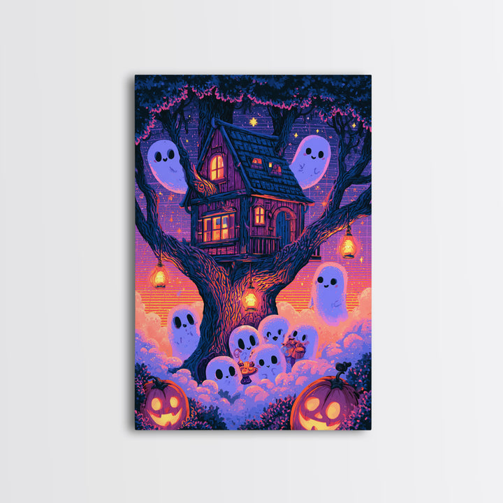 The Ghostly Treehouse, Vaporwave Halloween Decor, Vertical Wall Art, Canvas Print, Retro Halloween Decor, Neon Wall Art, Statement Wall Art