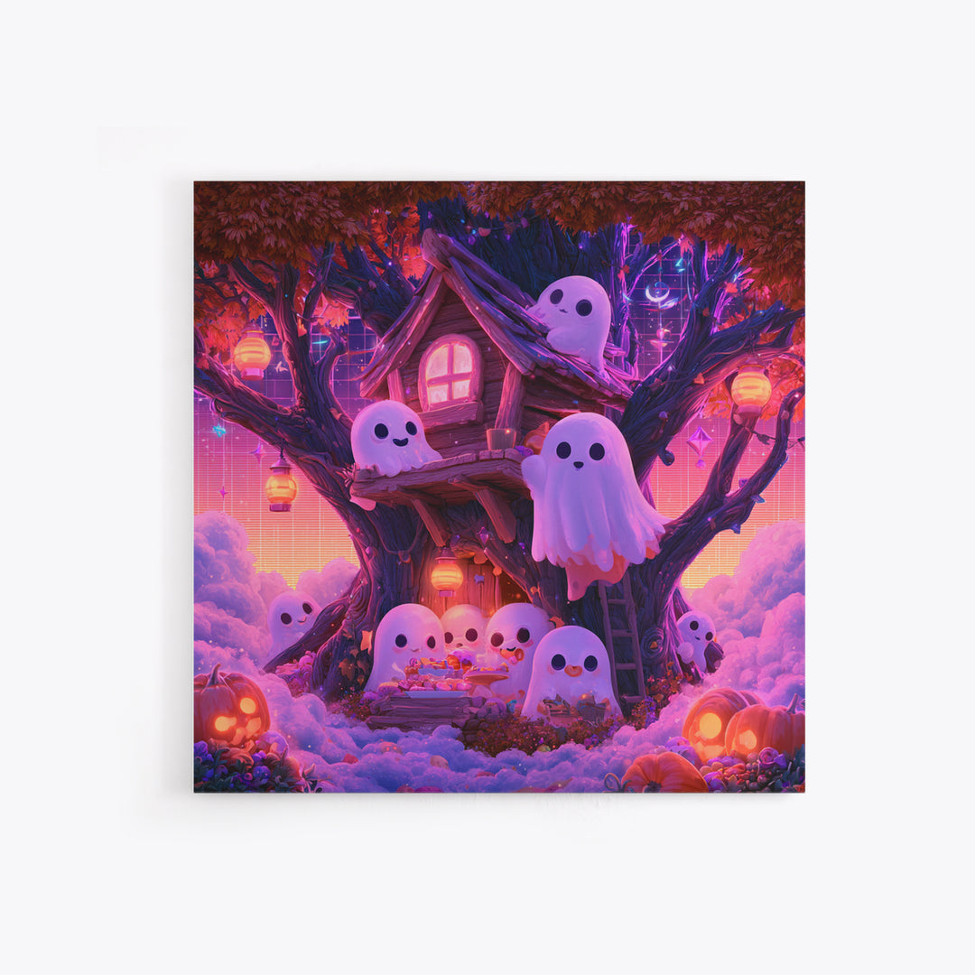 The Ghostly Treehouse, 80s Halloween Wall Art, Square Wall Art, Framed Canvas Print, Retro Halloween Decor, Neon Wall Art