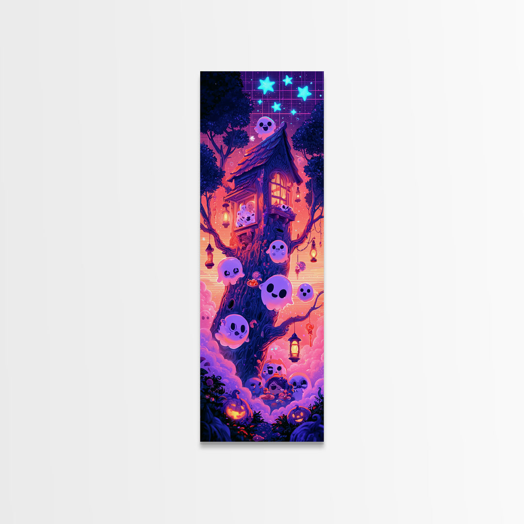 The Ghostly Treehouse, Synthwave Halloween Art, Tall Narrow Wall Art, Canvas Print, Retro Halloween Decor, Neon Wall Art, Macabre Wall Art