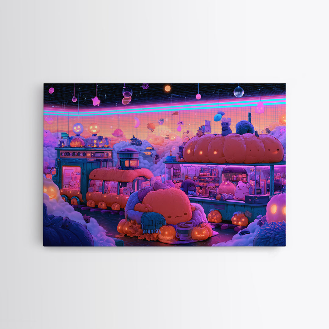 The Pumpkin Train Station, Cute Spooky Neon Art, Landscape Wall Art, Framed Canvas Print, Retro Halloween Decor, Neon Wall Art