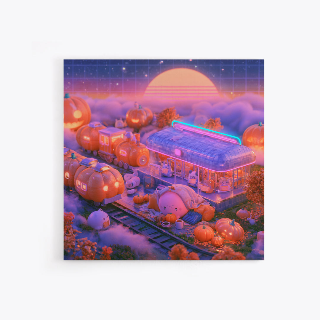 The Pumpkin Train Station, Cute Spooky Neon Art, Square Wall Art, Canvas Print, Retro Halloween Decor, Neon Wall Art, Gothic Home Decor