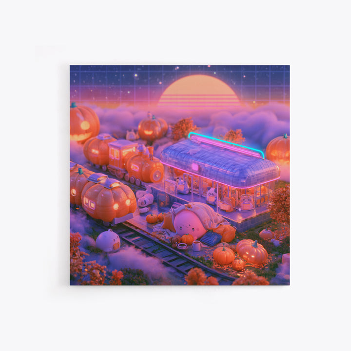 The Pumpkin Train Station, Cute Spooky Neon Art, Square Wall Art, Canvas Print, Retro Halloween Decor, Neon Wall Art, Gothic Home Decor